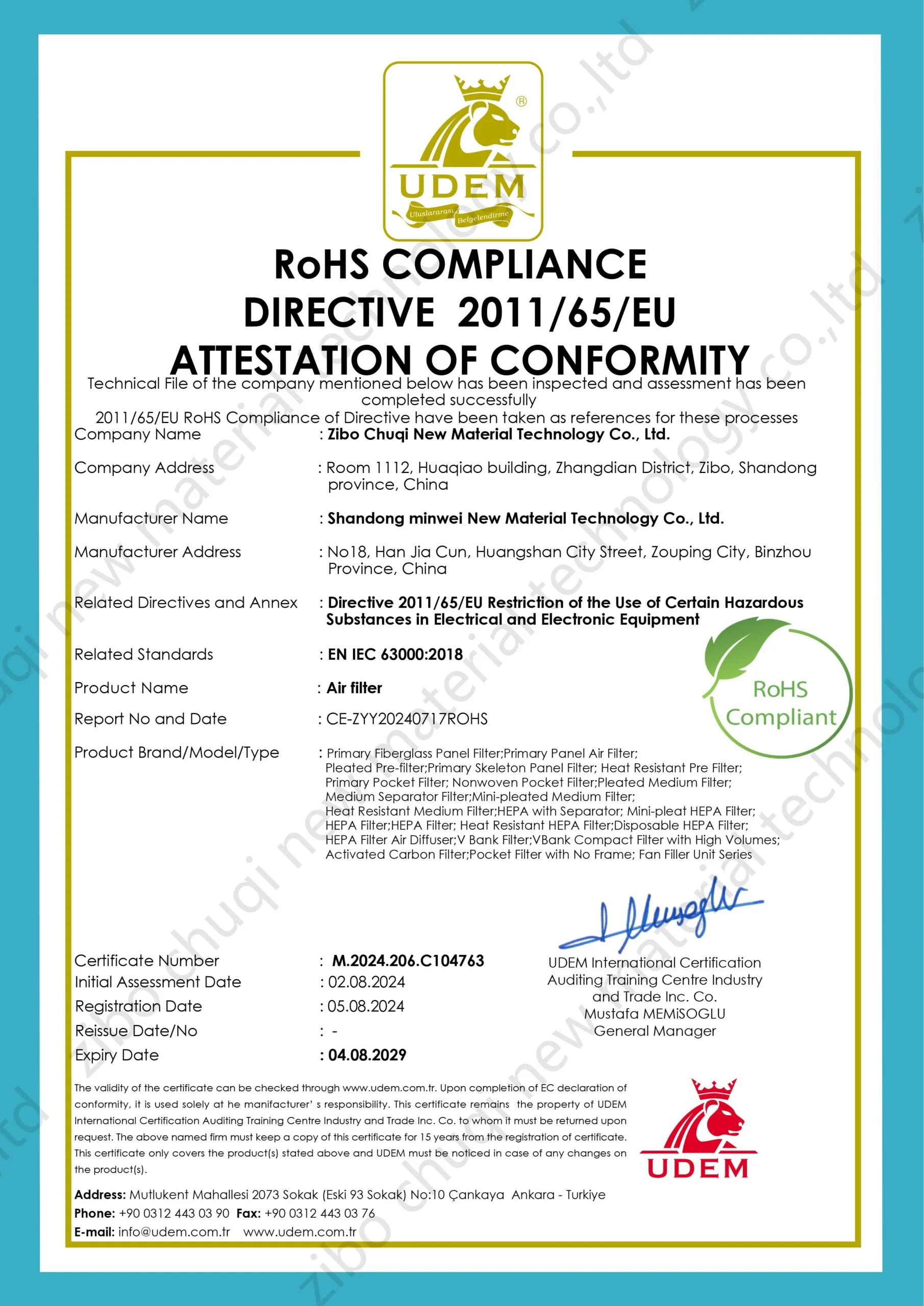 environmental certified hepa and pocket filter media